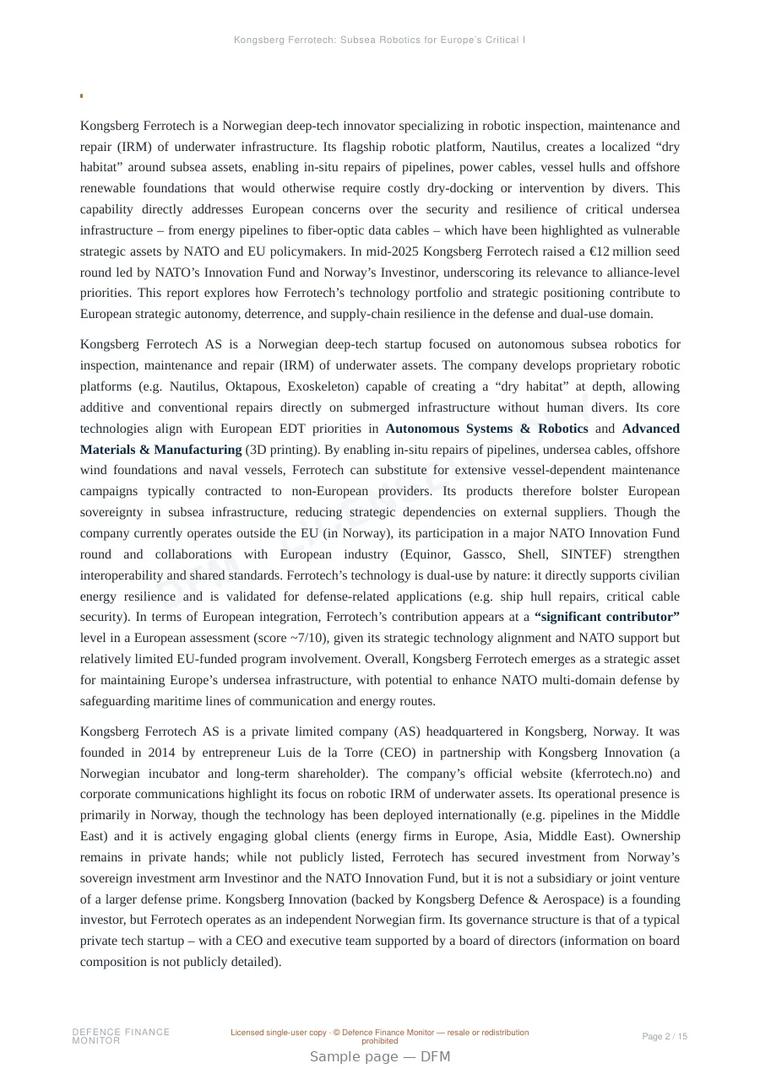 Sample page from “Kongsberg Ferrotech: Subsea Robotics for Europe’s Critical Infrastructure Security” — 16-page report