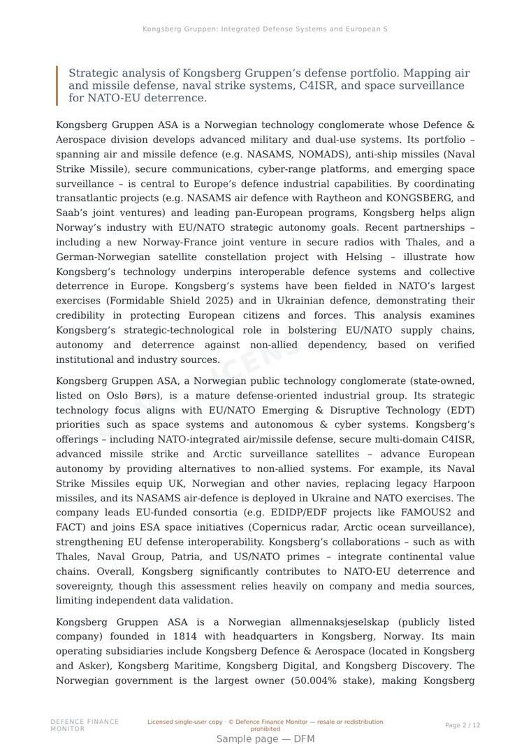 Sample page from “Kongsberg Gruppen: Integrated Defense Systems and European Strategic Autonomy” — 13-page report