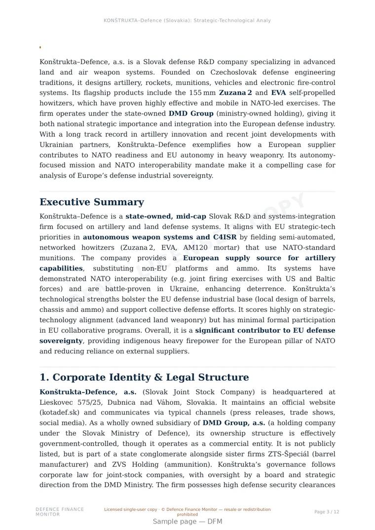 Sample page from “Konštrukta–Defence, a.s. — Slovakia defence company” — 13-page report