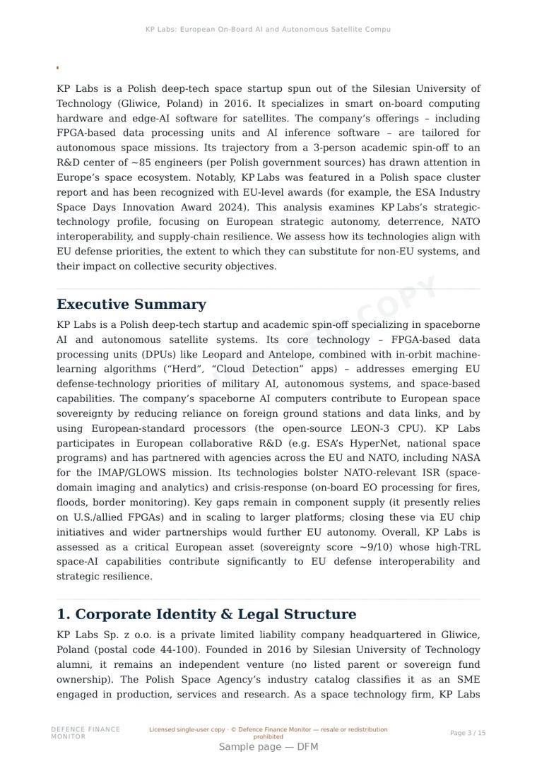Sample page from “KP Labs: European On-Board AI and Autonomous Satellite Computing for Strategic Autonomy” — 16-page report