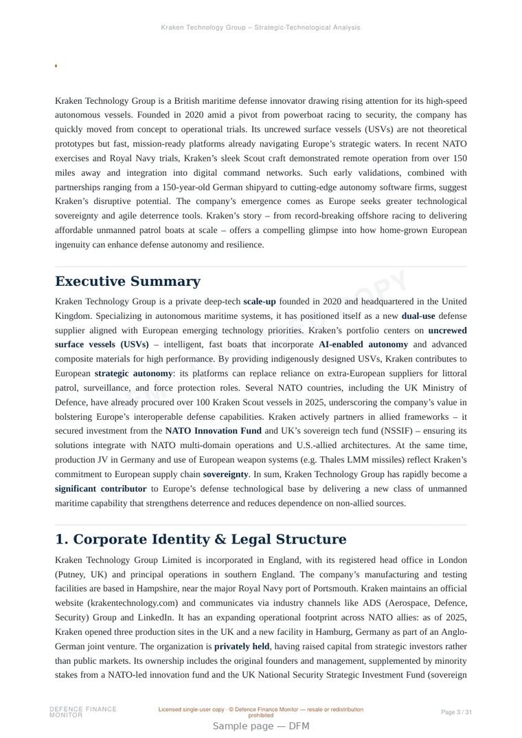 Sample page from “Kraken Technology Group — United Kingdom unmanned surface systems company” — 32-page report
