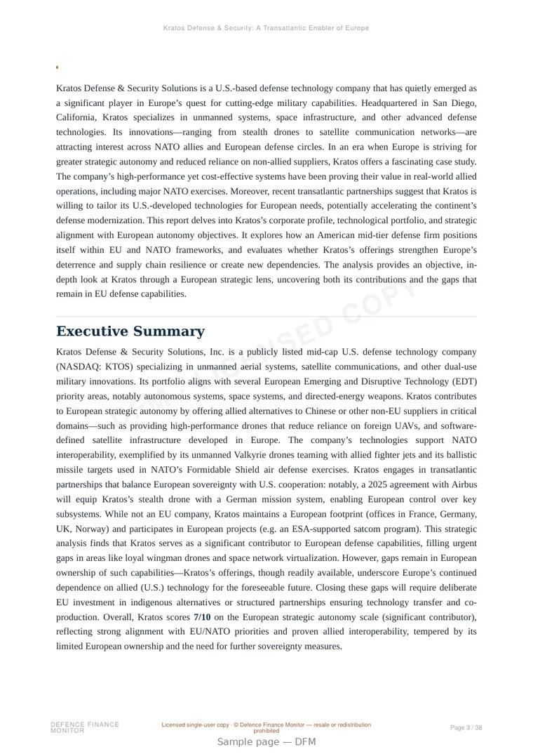 Sample page from “Kratos Defense & Security: A Transatlantic Enabler of European Defense Autonomy” — 39-page report