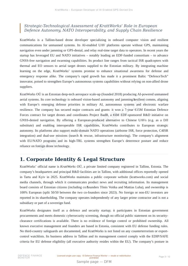 Sample page from “KrattWorks – European Developer of AI-Enabled GPS-Denied Drones” — 13-page report