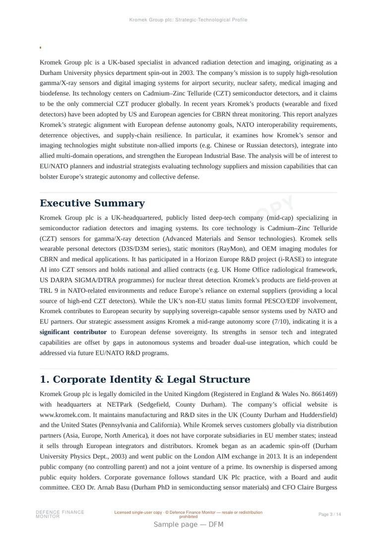 Sample page from “Kromek Group plc: Strategic-Technological Profile” — 15-page report