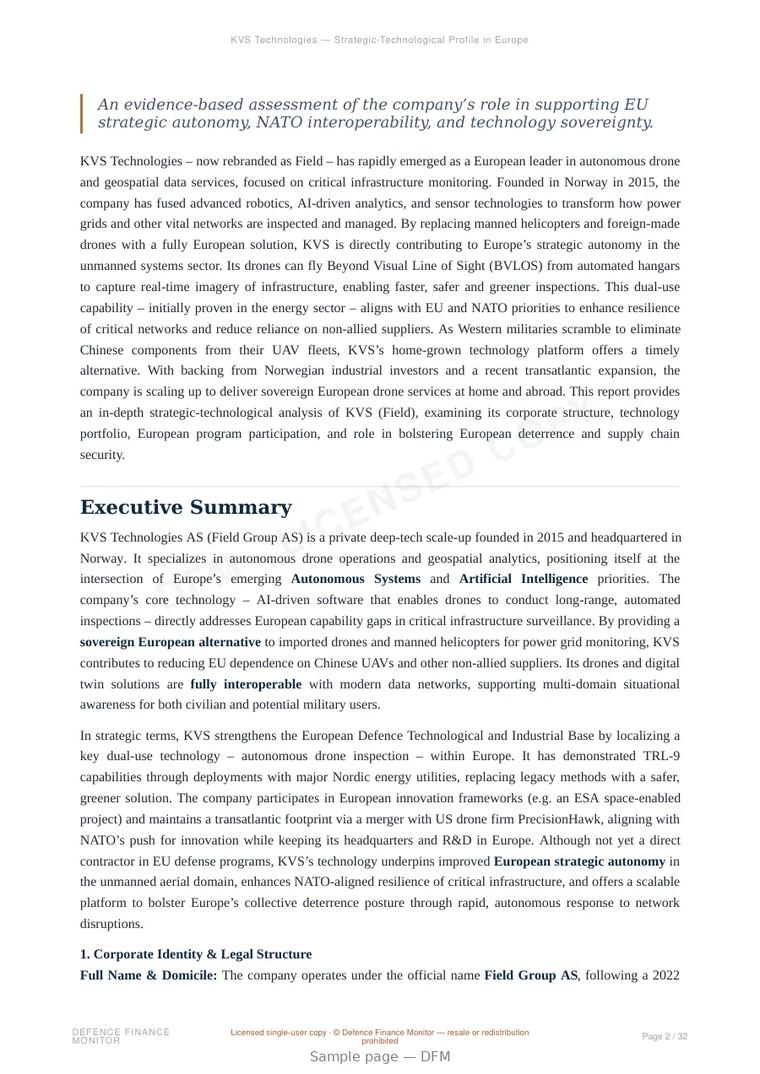 Sample page from “KVS Technologies — Strategic-Technological Profile in European Defence and Dual-Use Innovation” — 33-page report
