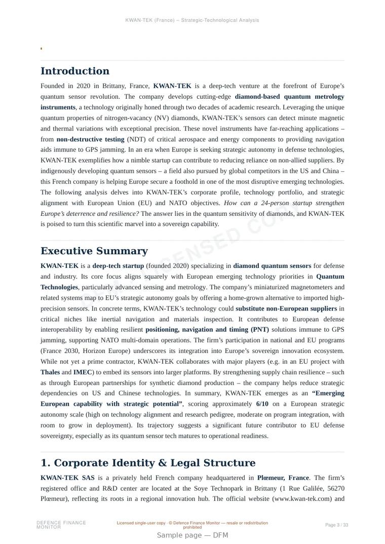Sample page from “KWAN-TEK — France quantum sensors company” — 34-page report
