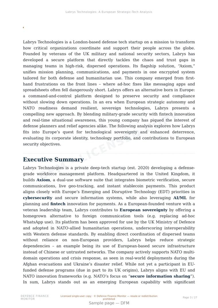 Sample page from “Labrys Technologies: A European Strategic-Tech Analysis” — 28-page report