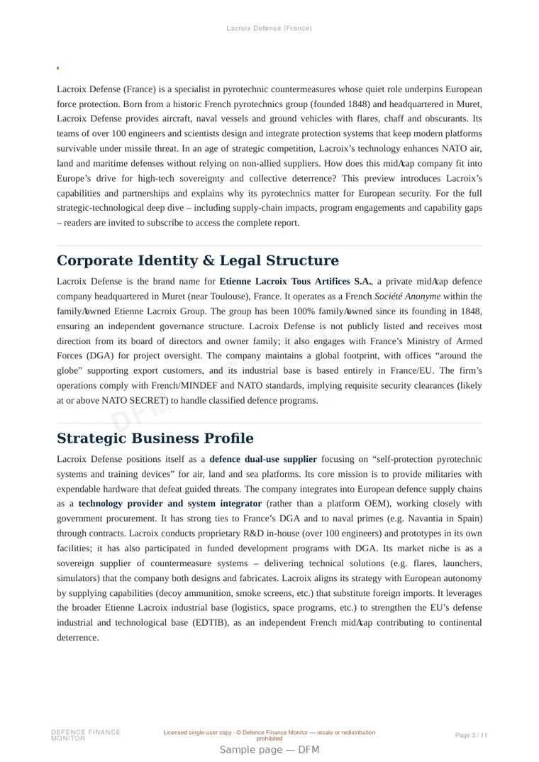 Sample page from “Lacroix Defense (France)” — 12-page report