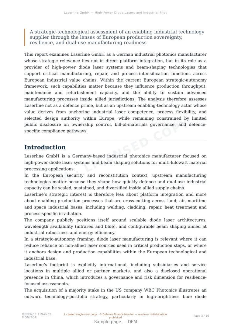 Sample page from “Laserline GmbH — High-Power Diode Lasers and Industrial Photonics for Strategic Manufacturing Capacity” — 17-page report