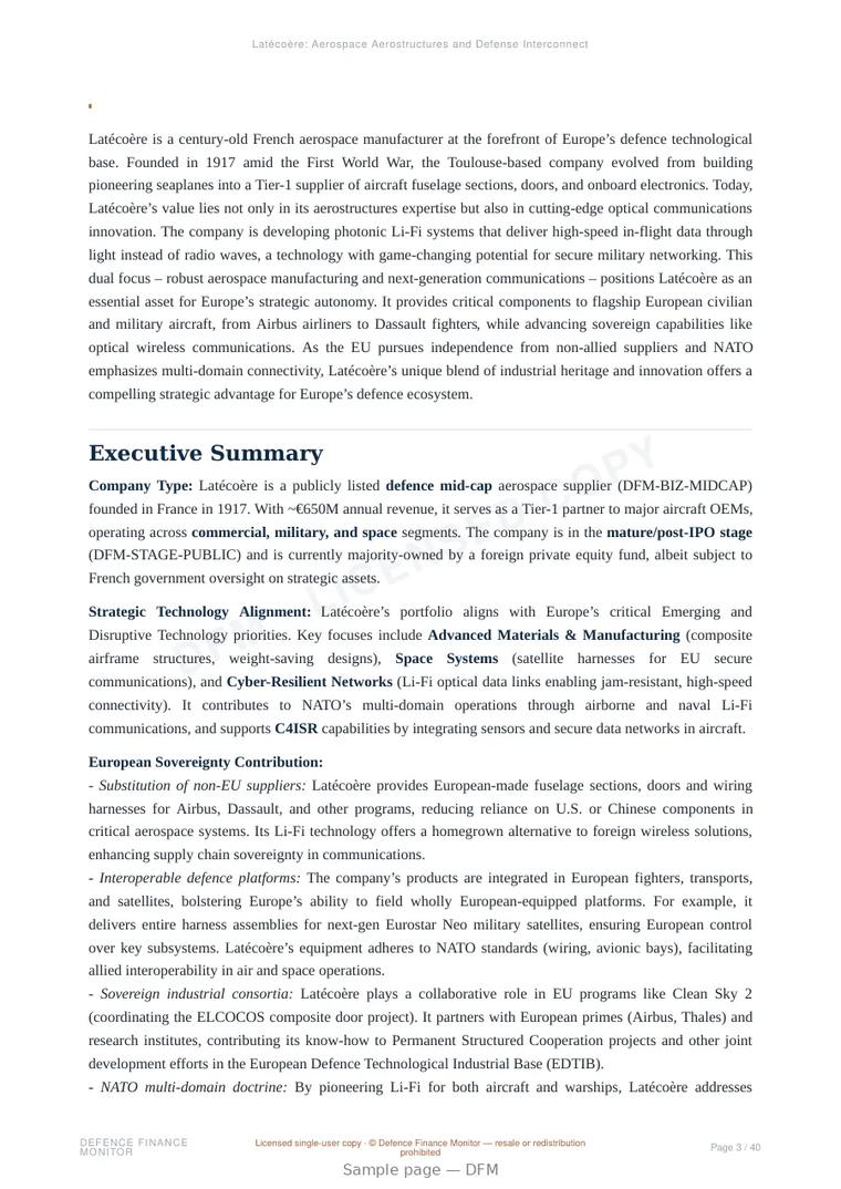 Sample page from “Latécoère: Aerospace Aerostructures and Defense Interconnection Systems” — 41-page report