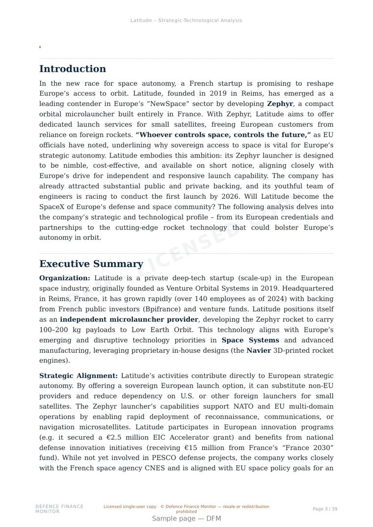 Sample page from “Latitude — France launch systems company” — 40-page report