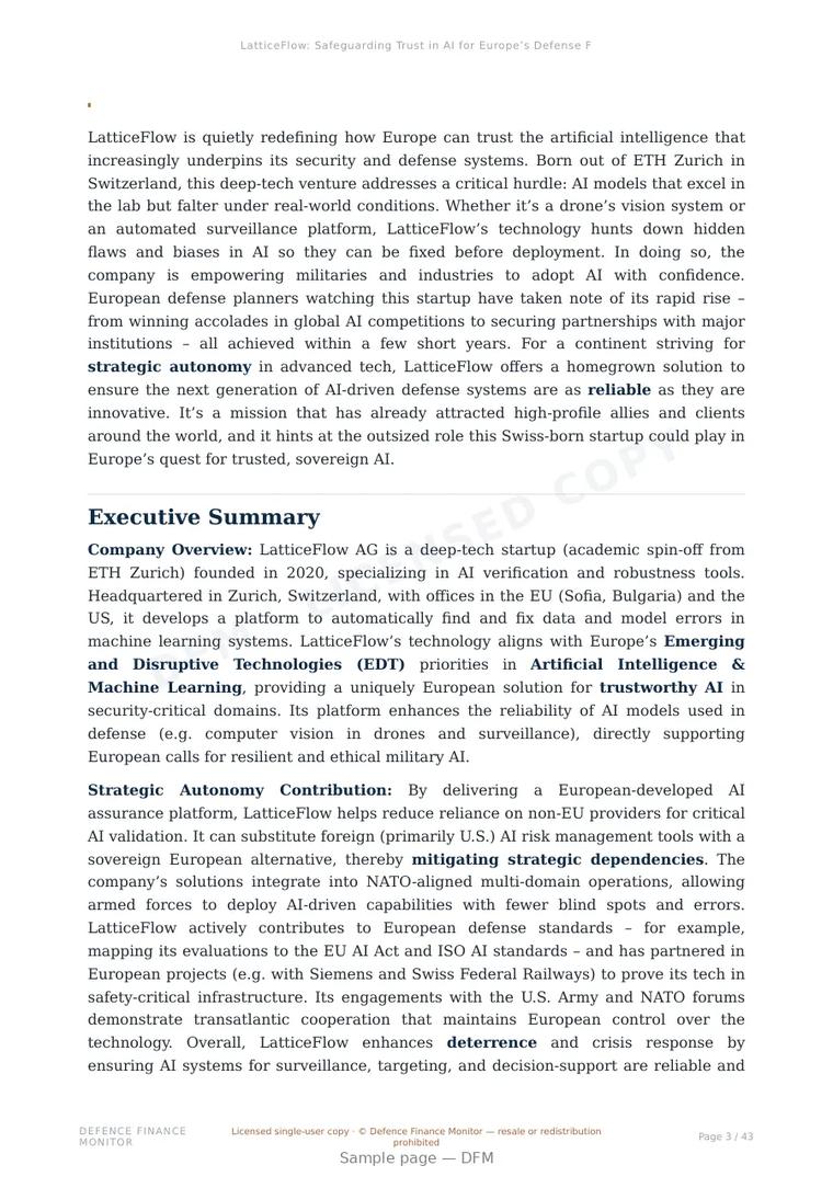 Sample page from “LatticeFlow: Safeguarding Trust in AI for Europe’s Defense Future” — 44-page report