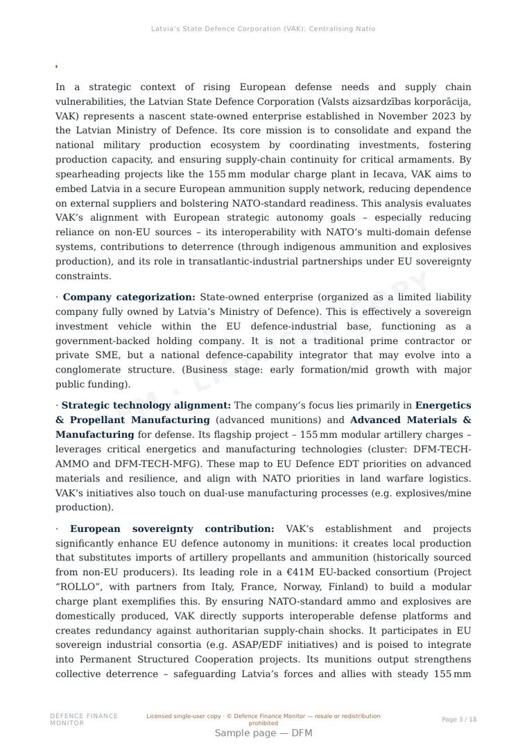 Sample page from “Latvia’s State Defence Corporation (VAK): Centralising National Military Production and Fortifications” — 19-page report