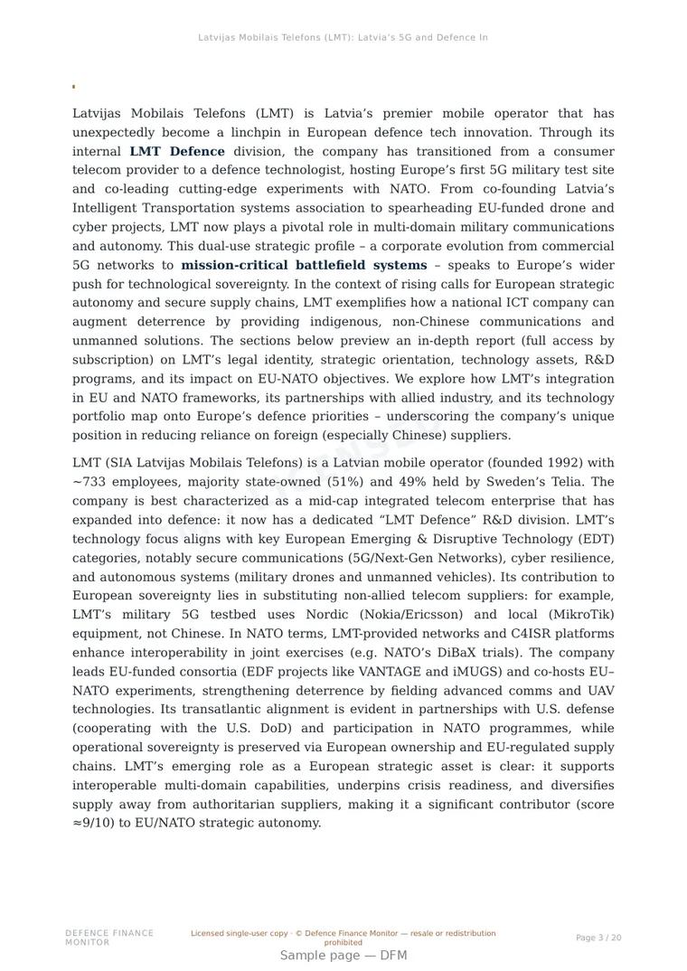 Sample page from “Latvijas Mobilais Telefons (LMT): Latvia’s 5G and Defence Innovation Hub for European Strategic Autonomy” — 21-page report