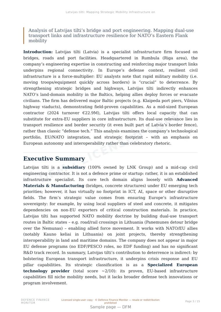 Sample page from “Latvijas tilti: Mapping Strategic Mobility Infrastructure on NATO’s Eastern Flank” — 16-page report