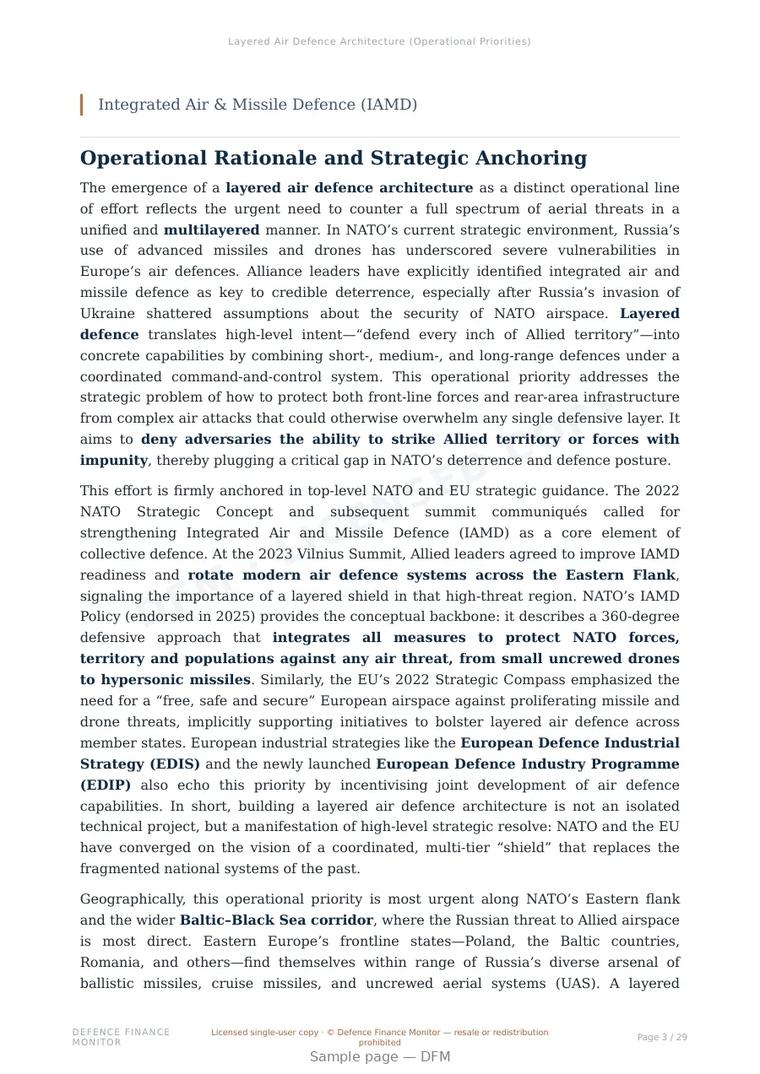 Sample page from “Layered Air Defence Architecture (Operational Priorities)” — 30-page report