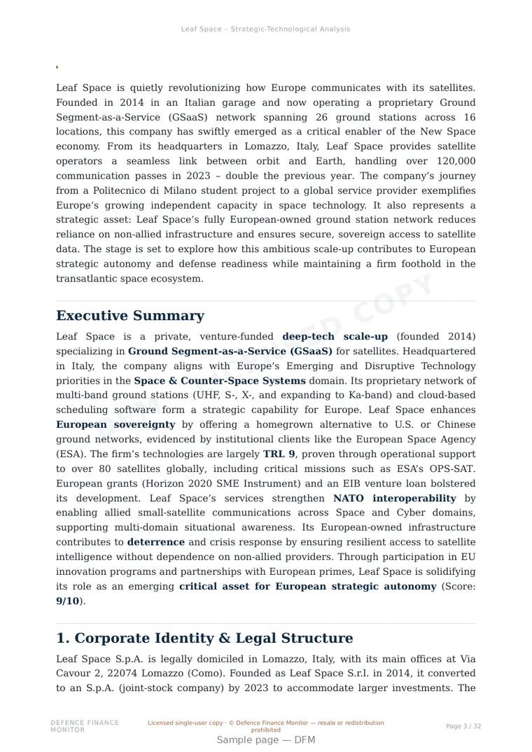 Sample page from “Leaf Space — Italy ground segment company” — 33-page report