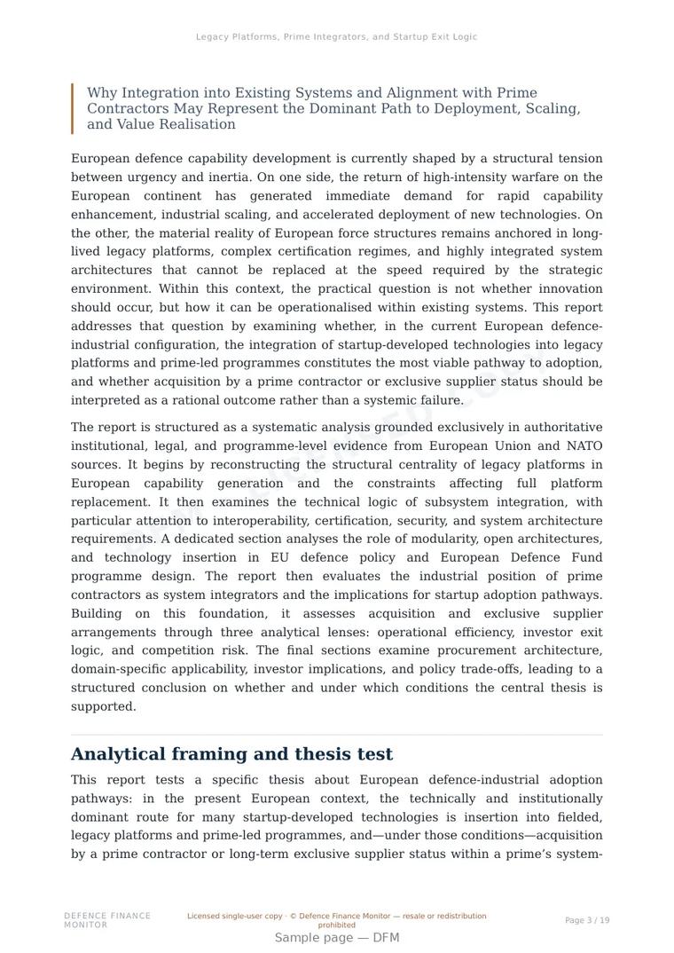 Sample page from “Legacy Platforms, Prime Integrators, and Startup Exit Logic in European Defence” — 20-page report