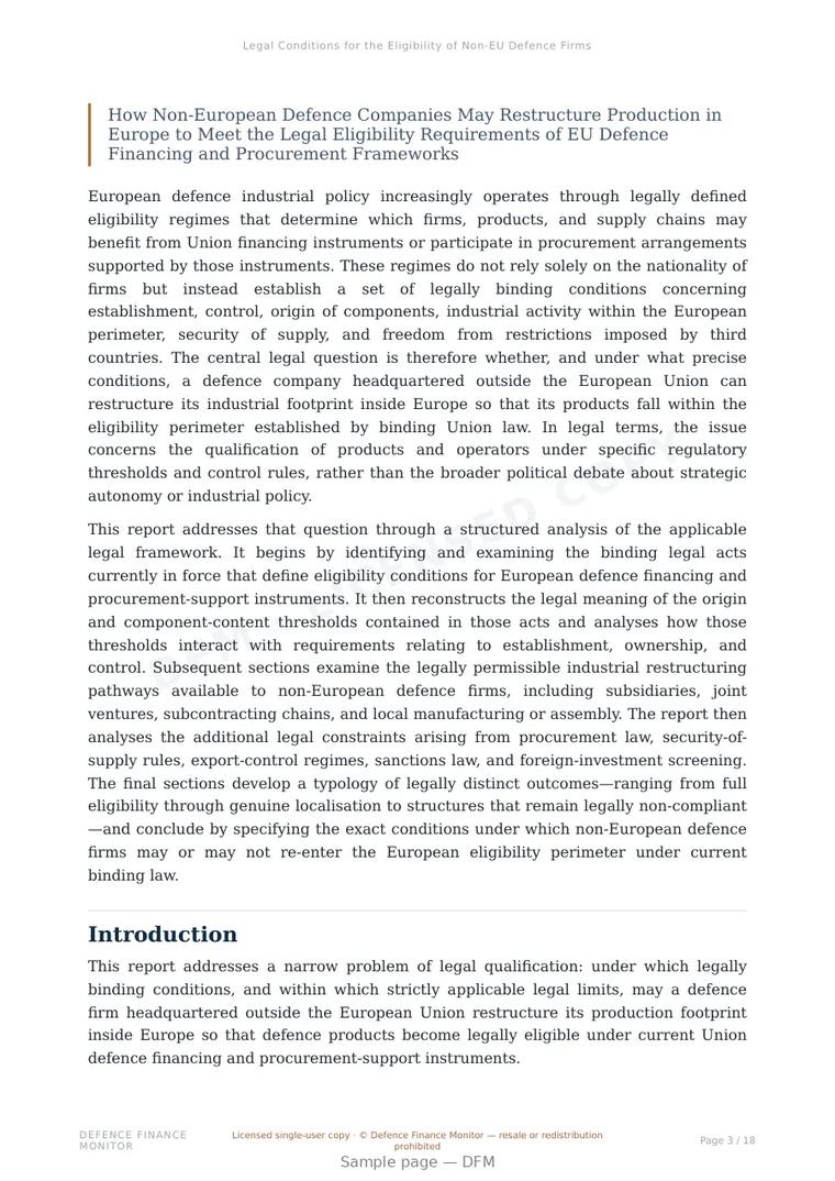 Sample page from “Legal Conditions for the Eligibility of Non-EU Defence Firms in European Defence Industrial Instruments” — 19-page report