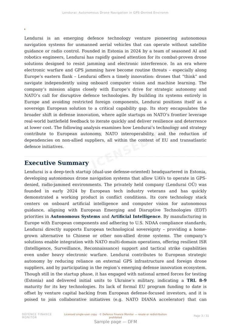 Sample page from “Lendurai — Estonia unmanned aerial systems company” — 32-page report