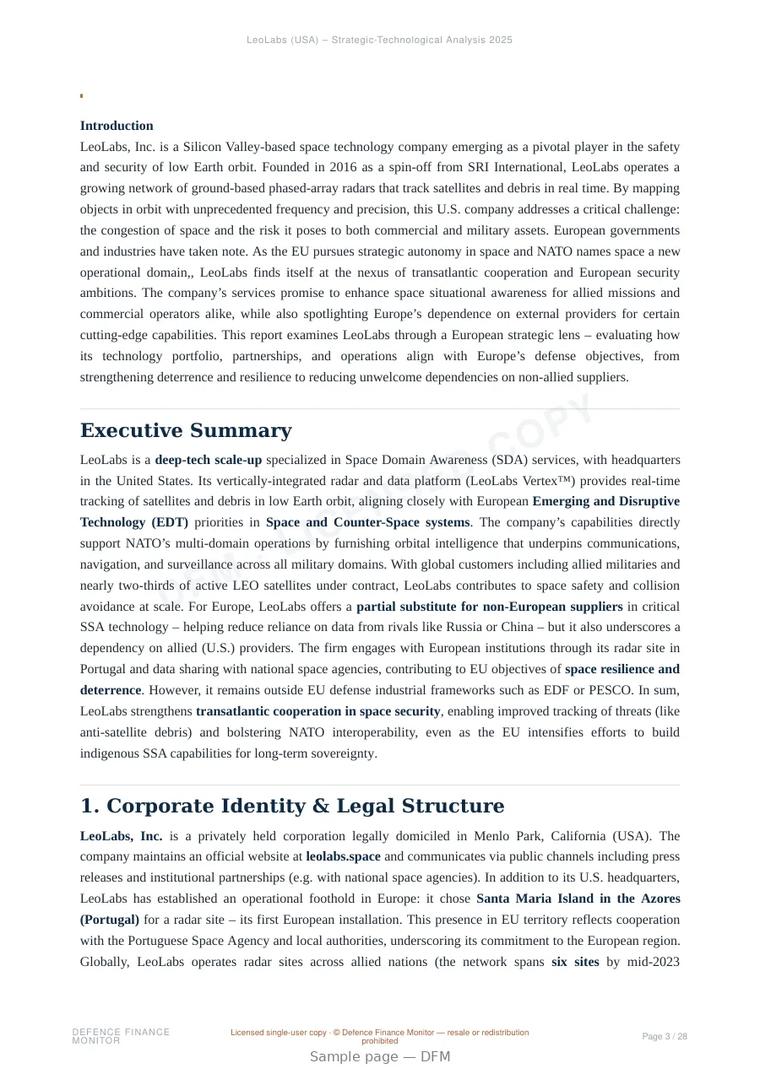 Sample page from “LeoLabs, Inc. — United States space domain awareness company” — 29-page report
