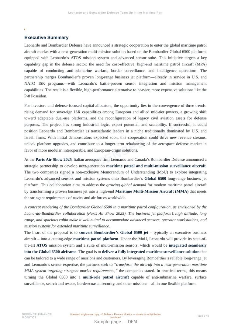 Sample page from “Leonardo and Bombardier Defense Team Up in the Maritime Patrol Aircraft Market” — 10-page report