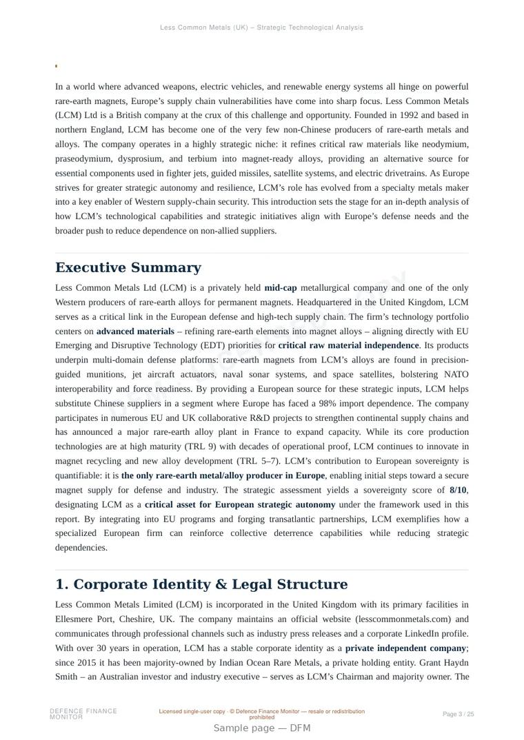 Sample page from “Less Common Metals (UK) – Strategic Technological Analysis” — 26-page report