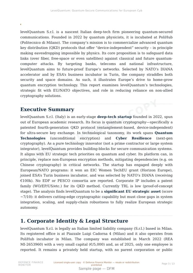Sample page from “LevelQuantum: Quantum-Secure Communications for European Cyber and Defense Autonomy” — 14-page report