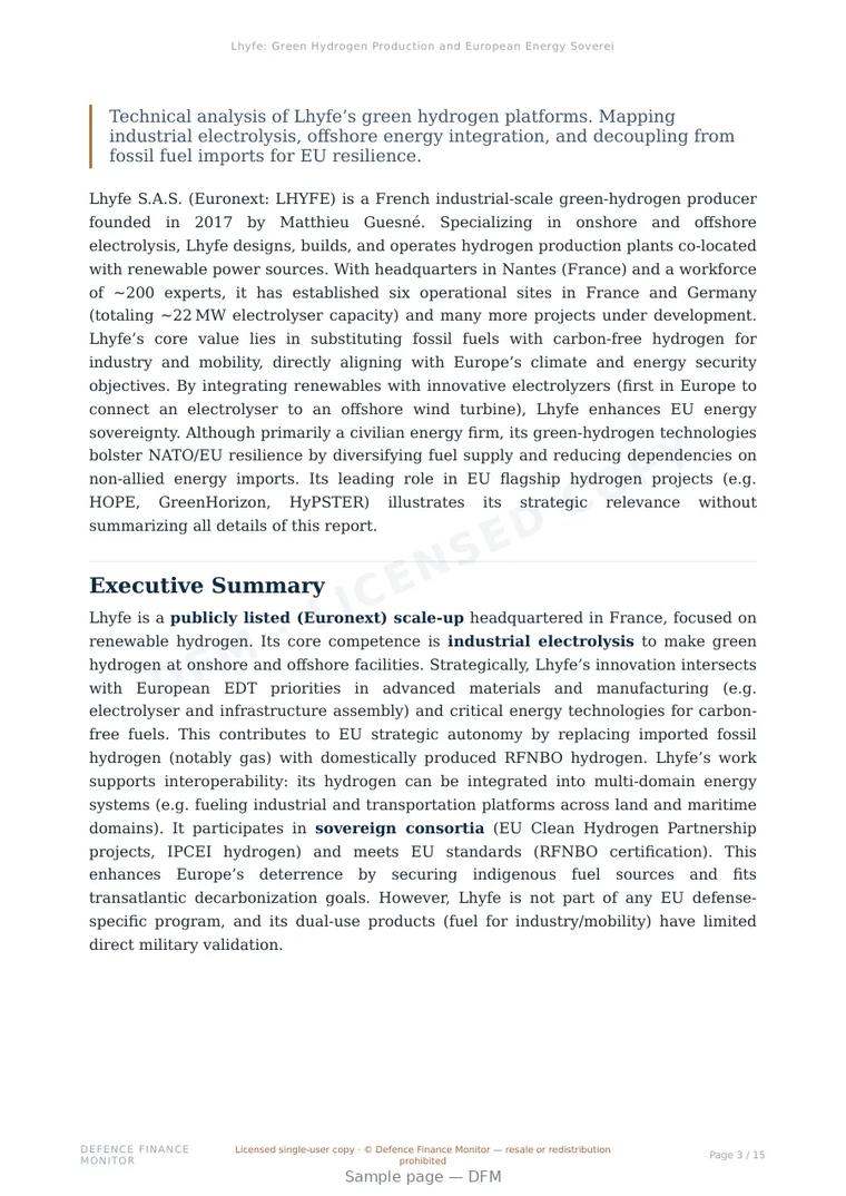Sample page from “Lhyfe: Green Hydrogen Production and European Energy Sovereignty Analysis” — 16-page report