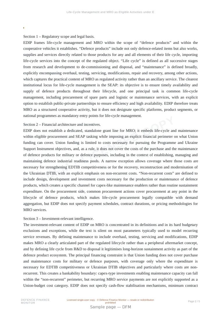 Sample page from “Life-Cycle Management and MRO as Eligible Activities under EDIP” — 6-page report
