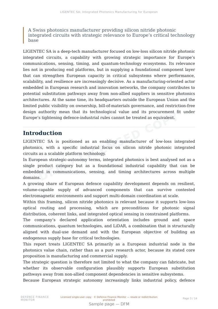Sample page from “LIGENTEC SA: Integrated Photonics Manufacturing for European Communications, Sensing, and Quantum Systems” — 15-page report