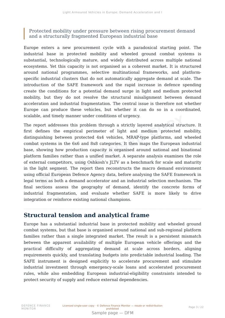 Sample page from “Light Armoured Vehicles in Europe: Demand Acceleration and Industrial Fragmentation in the SAFE Era” — 23-page report