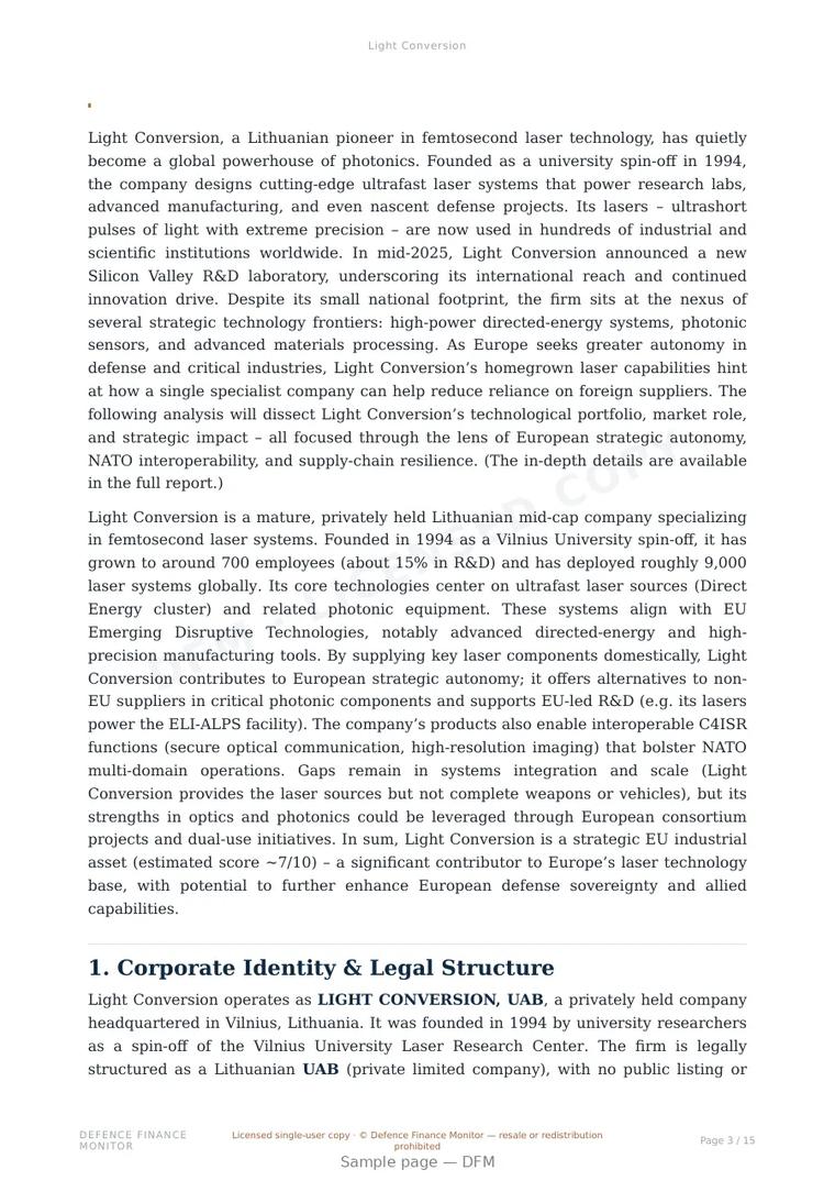 Sample page from “Light Conversion” — 16-page report