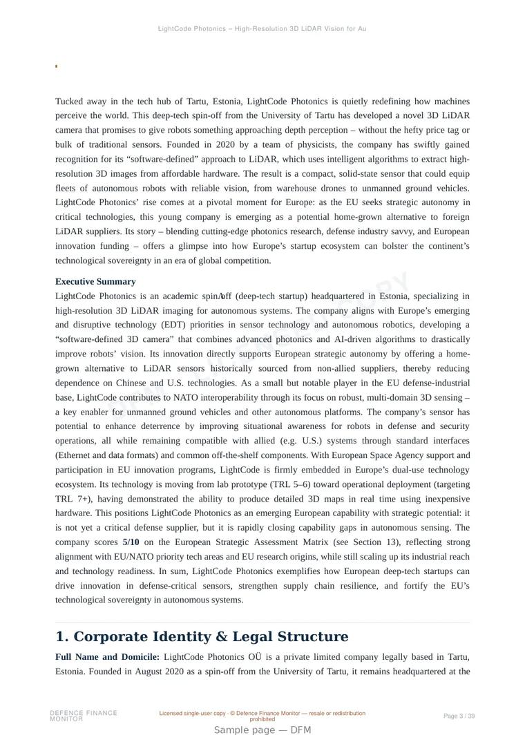 Sample page from “LightCode Photonics – High‑Resolution 3D LiDAR Vision for Autonomous Systems” — 40-page report