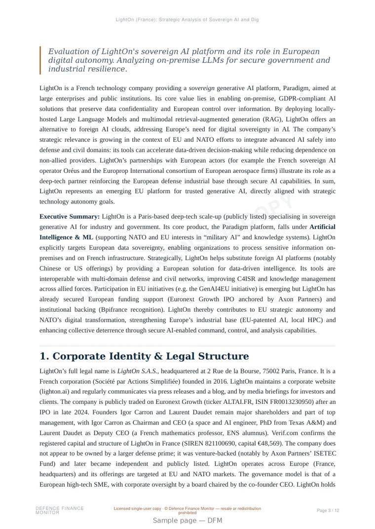 Sample page from “LightOn (France): Strategic Analysis of Sovereign AI and Digital Sovereignty” — 13-page report