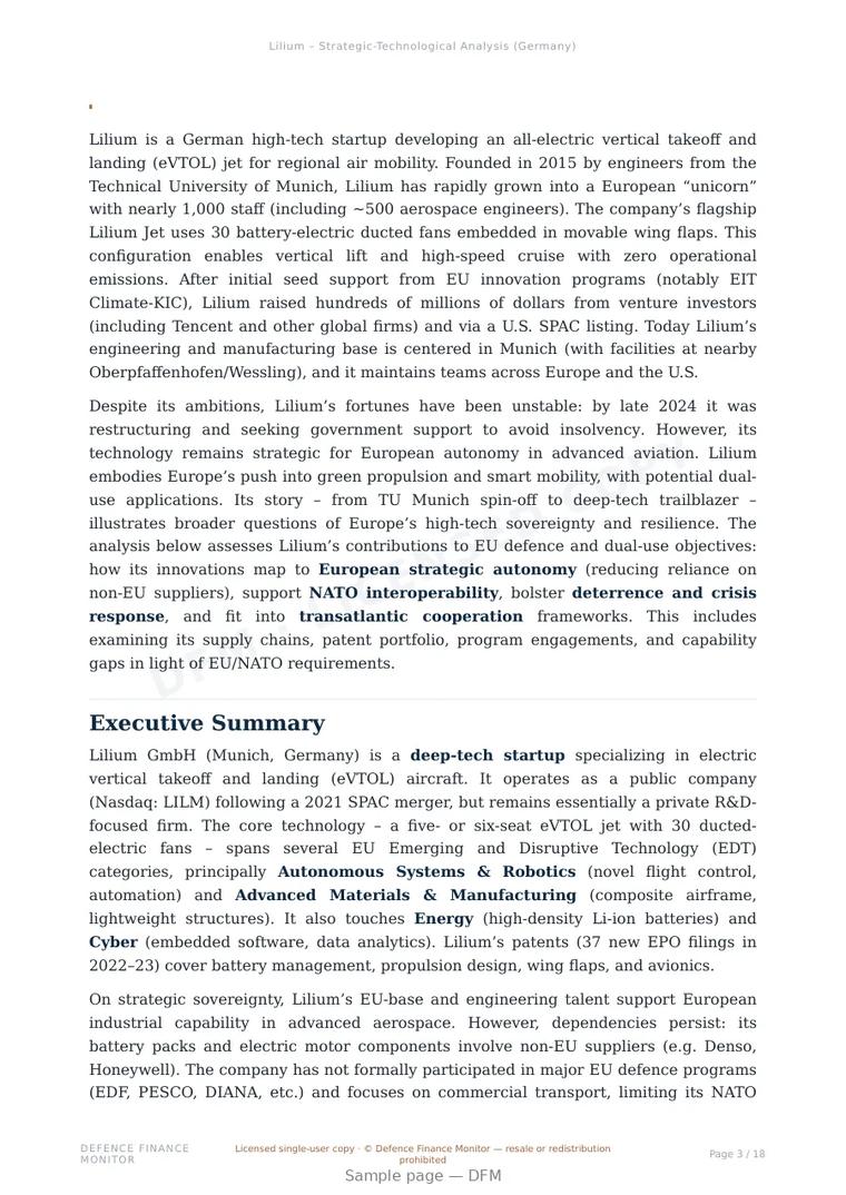 Sample page from “Lilium — Germany air platforms company” — 19-page report