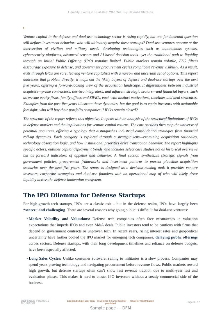 Sample page from “Liquidity Events in Dual‑Use: Who Will Buy Defense Startups When IPOs Are Off the Table?” — 18-page report