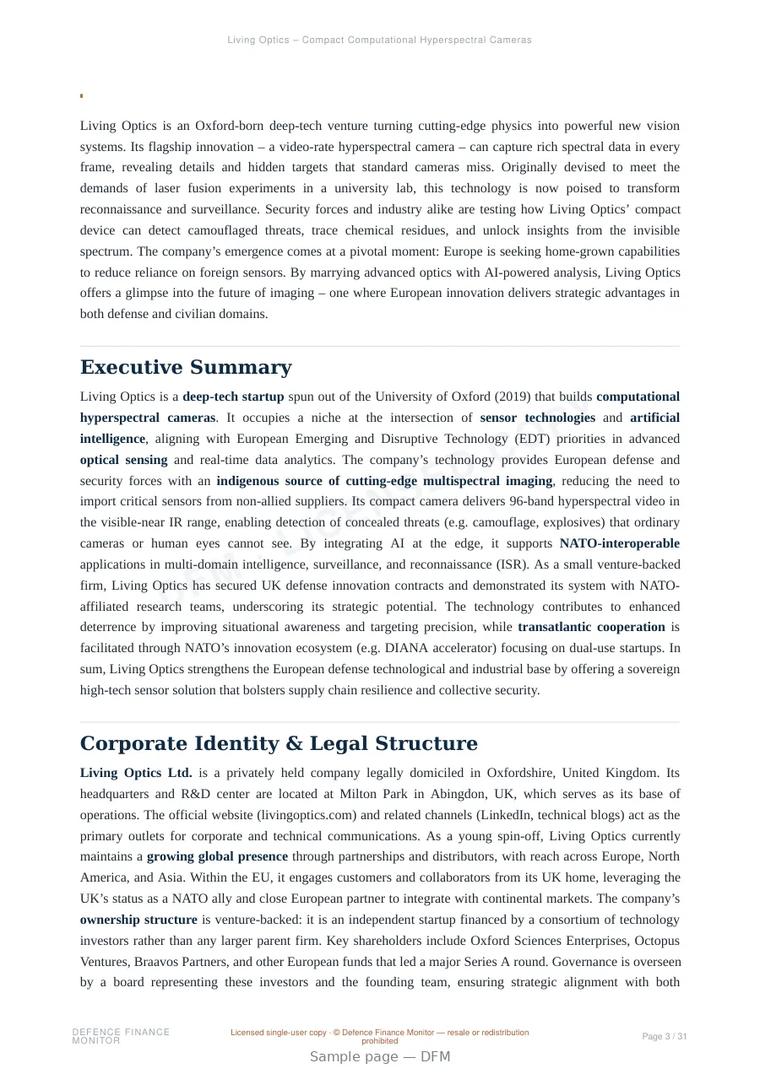 Sample page from “Living Optics – Compact Computational Hyperspectral Cameras (UK)” — 32-page report