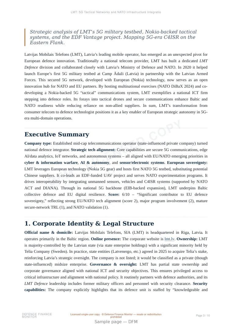Sample page from “LMT: 5G Tactical Networks and NATO Infrastructure Integration” — 11-page report