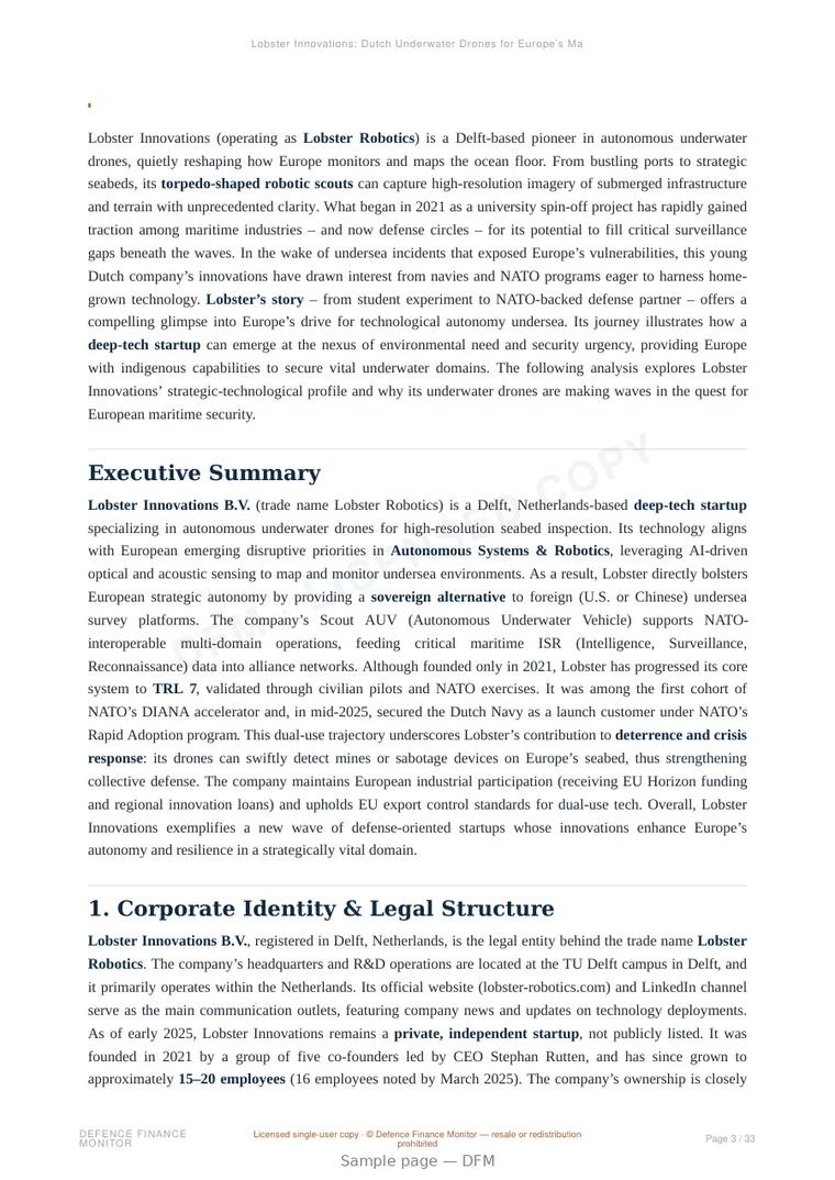 Sample page from “Lobster Innovations: Dutch Underwater Drones for Europe’s Maritime Security” — 34-page report