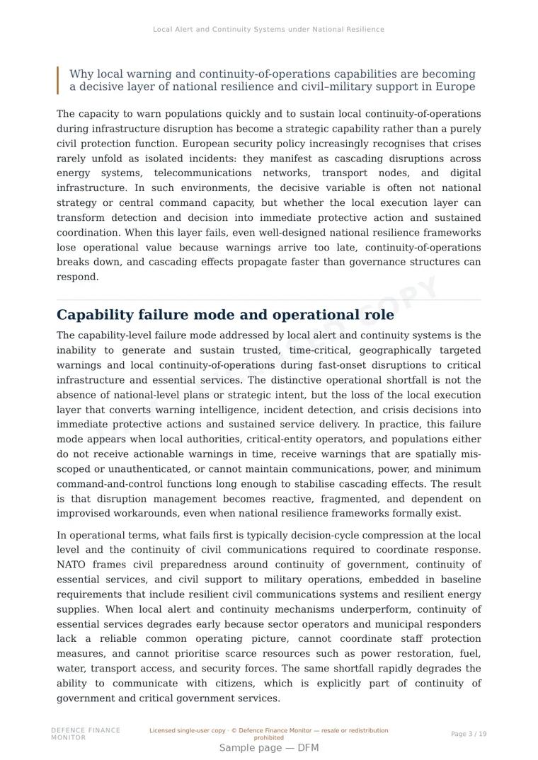 Sample page from “Local Alert and Continuity Systems under National Resilience Plans” — 20-page report