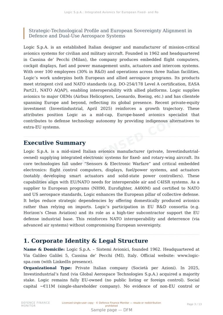 Sample page from “Logic S.p.A.: Integrated Avionics for European Fixed- and Rotary-Wing Platforms” — 14-page report