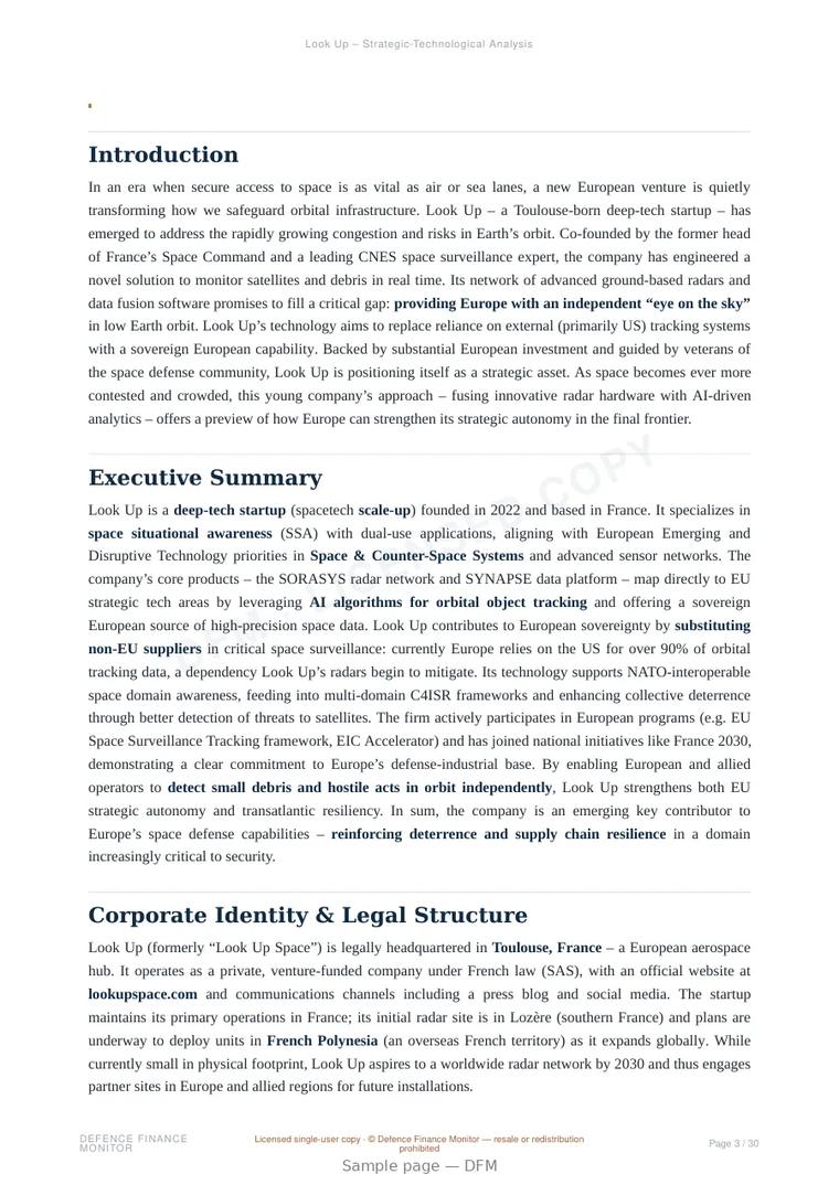 Sample page from “Look Up — France space domain awareness company” — 31-page report