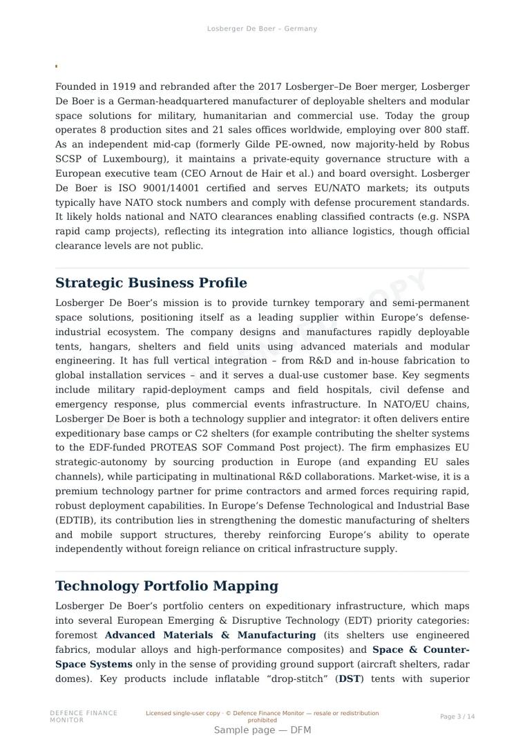 Sample page from “Losberger De Boer – Germany” — 15-page report