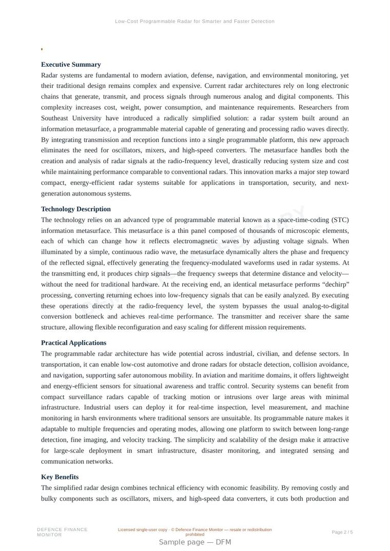 Sample page from “Low-Cost Programmable Radar for Smarter and Faster Detection” — 6-page report