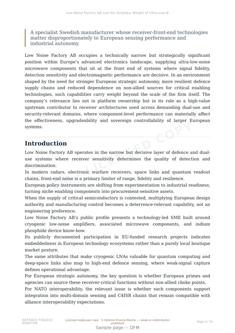 Sample page from “Low Noise Factory AB and the Strategic Weight of Ultra-Low-Noise Microwave Components in Europe’s High-Sensitivity Defence and Dual-Use Electronics Base” — 16-page report