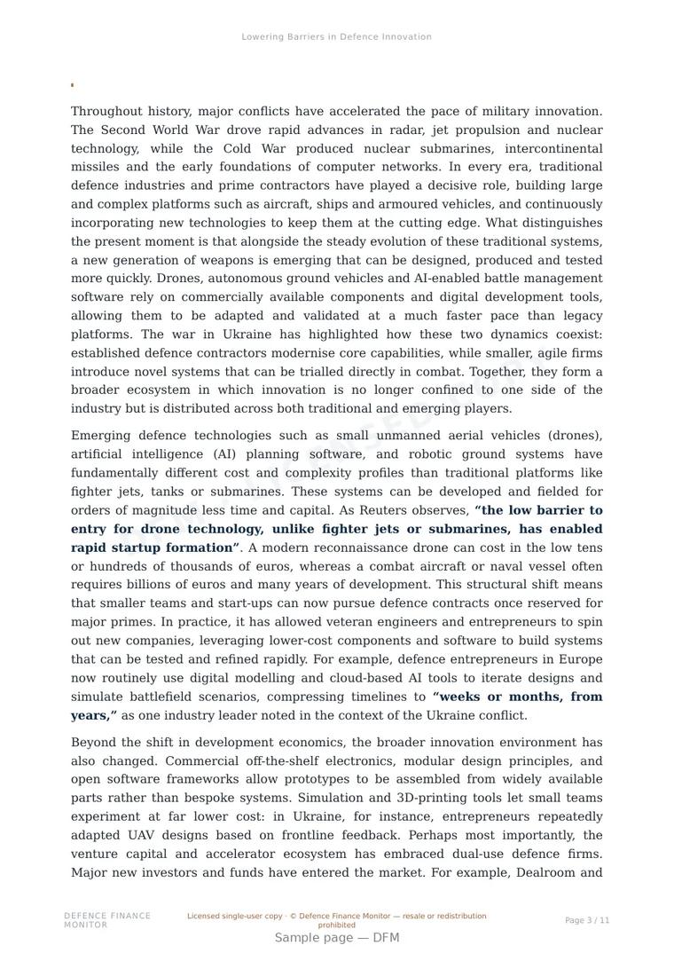 Sample page from “Lowering Barriers in Defence Innovation” — 12-page report