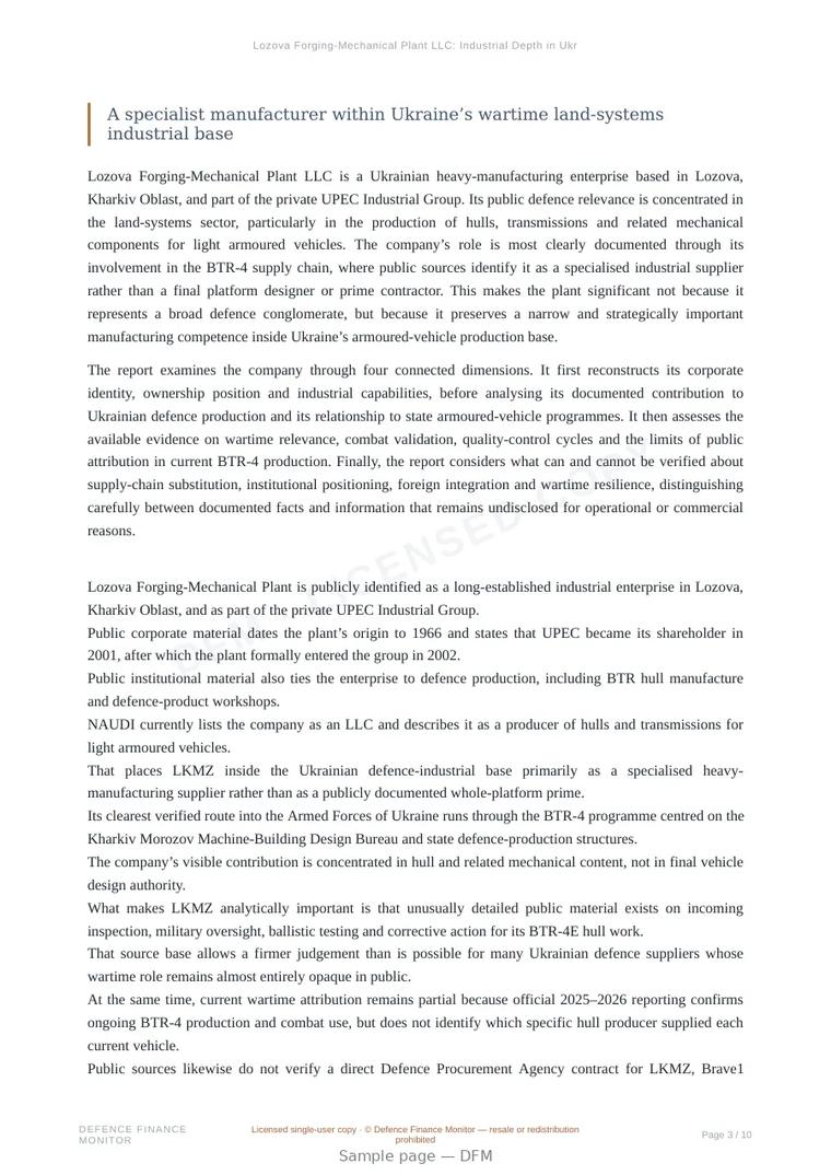 Sample page from “Lozova Forging-Mechanical Plant LLC: Industrial Depth in Ukraine’s Armoured-Vehicle Supply Chain” — 11-page report