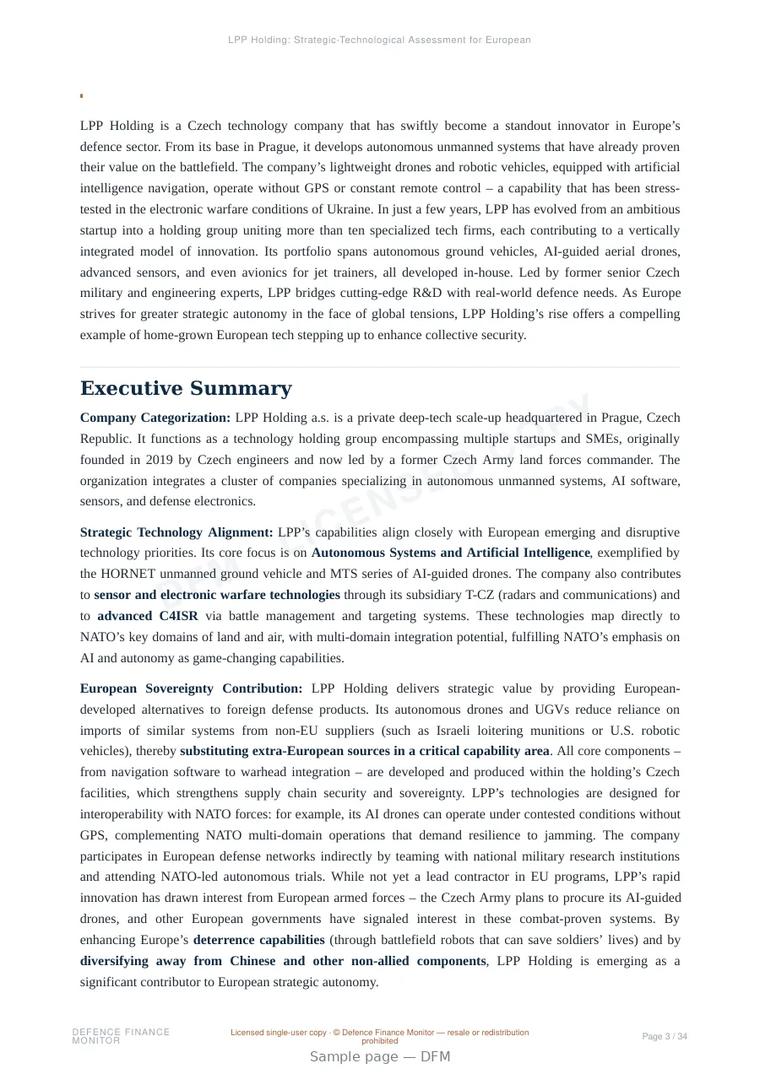 Sample page from “LPP Holding: Strategic-Technological Assessment for European Defense Autonomy and NATO Interoperability” — 35-page report