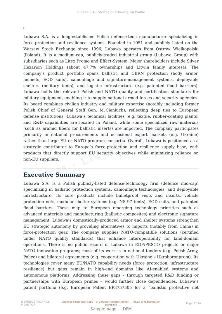 Sample page from “Lubawa S.A.: Strategic-Technological Profile” — 15-page report